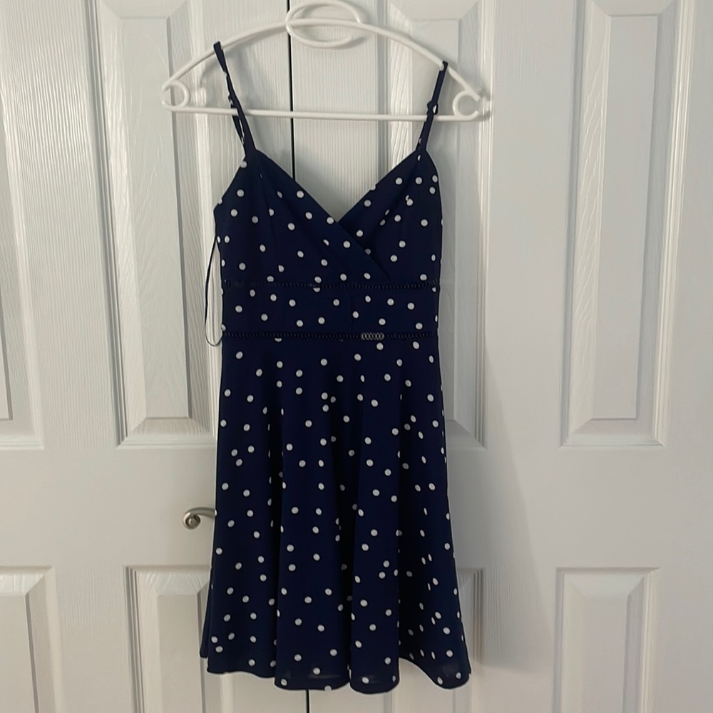 francesca’s blue polkadot dress.